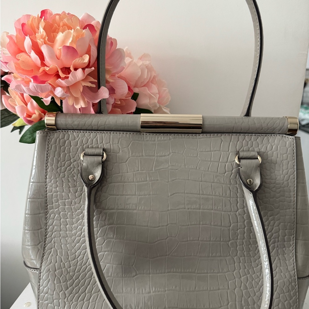 Kate Spade Gray Croc-Embossed Satchel Tote – Gold Bar Frame - Picture 4 of 11